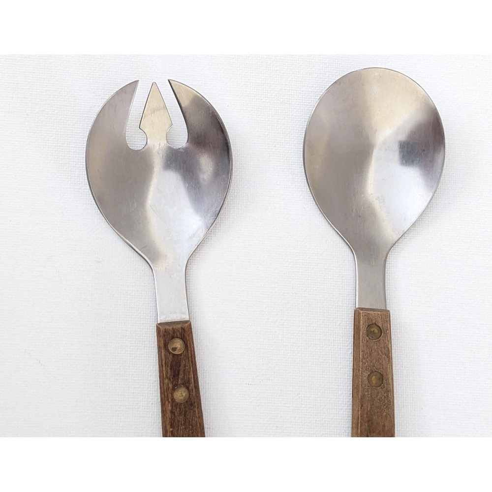 Vintage MCM Stainless Steel Wood Handle Salad Tongs Serving Fork Spoon Japan - Picture 2 of 7